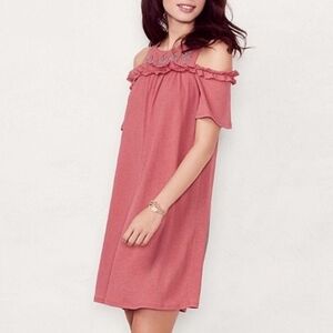 LAUREN CONRAD Dusty Rose Embroidered Ruffle Cold Shoulder Textured Dress SIZE: S